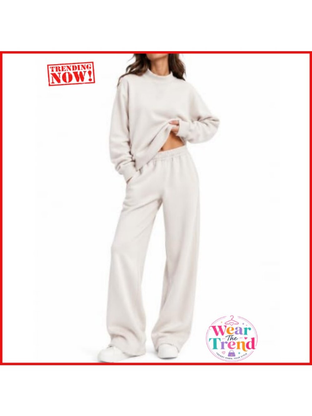 Women's 2 Piece Cotton Mock Neck Sweatshirt & Wide Leg Pants Set